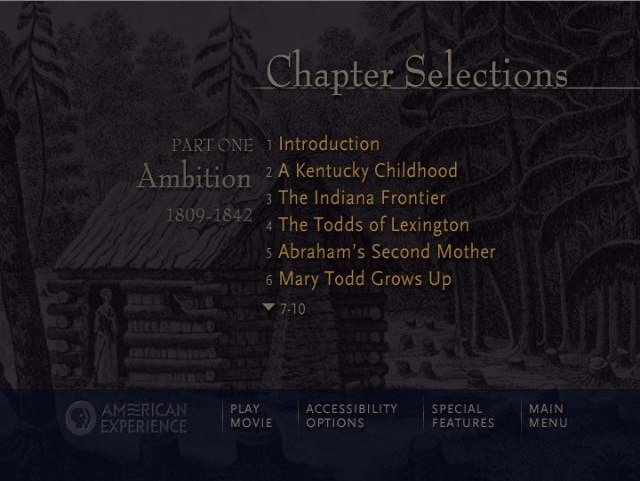 &lsquo;Lincolns&rsquo; screenshot, with chapter selections and global menu