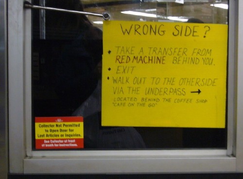 Handwritten sign is headlined WRONG SIDE&nbsp;? and goes on for seven more lines